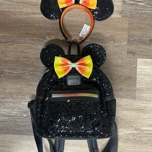2019 Loungefly Disney Parks Black Mouse Sequin Candy Corn Mini Backpack & Ears
